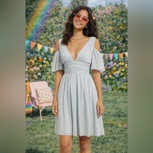Wedding Guest Flowy Cold Shoulder Dress Blue Gray French Connection 0 NWT